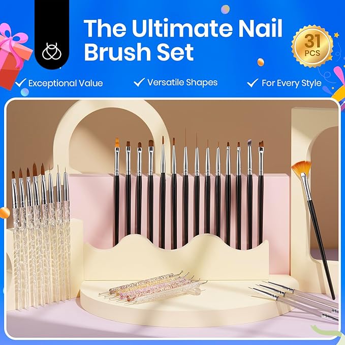 Beetles 31pcs Nail Art Brushes, Dotting Tools, Nail Art Pens, Dust Brush, Striping Liner Fingernail Drawing Pens with Palette Holder All in One for Starter Manicure Design Set
