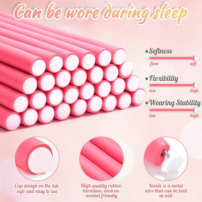 Selizo 30Pcs 9.45"x0.55" Flexible Hair Rollers, Foam Curlers for Short, Medium and Long Hair, No Heat Curlers, Hair Rods - Pink(Diameter 0.55')