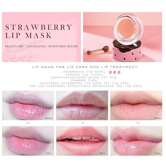 2PCs Strawberry Lip Sleeping Mask,Bee Lip Balm Honey Pot, Bee Lip Honey Pot with Wand Nourishes Lips, Overnight Strawberry Propolis Honey Balm Lip Mask for Lip Care Moisturize Lip Skin