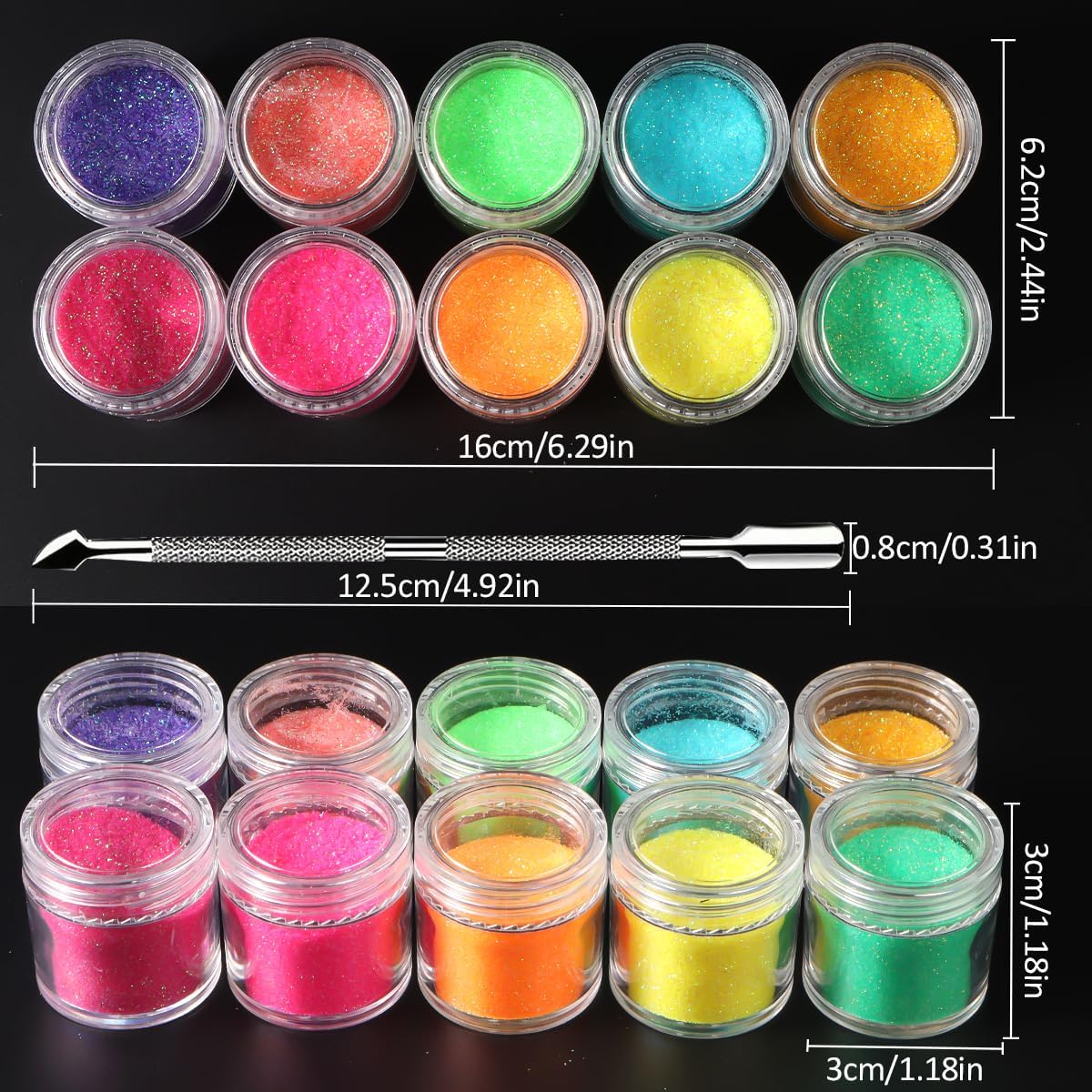 10 Bottle Shimmer Sugar Glitter Powder for Nails,Colorful Candy Coat Effect Iridescent Nail Dipping Powder Pigment, Fluorescent Chrome Dust and Stainless Steel Cuticle Pusher for DIY Manicure Decor