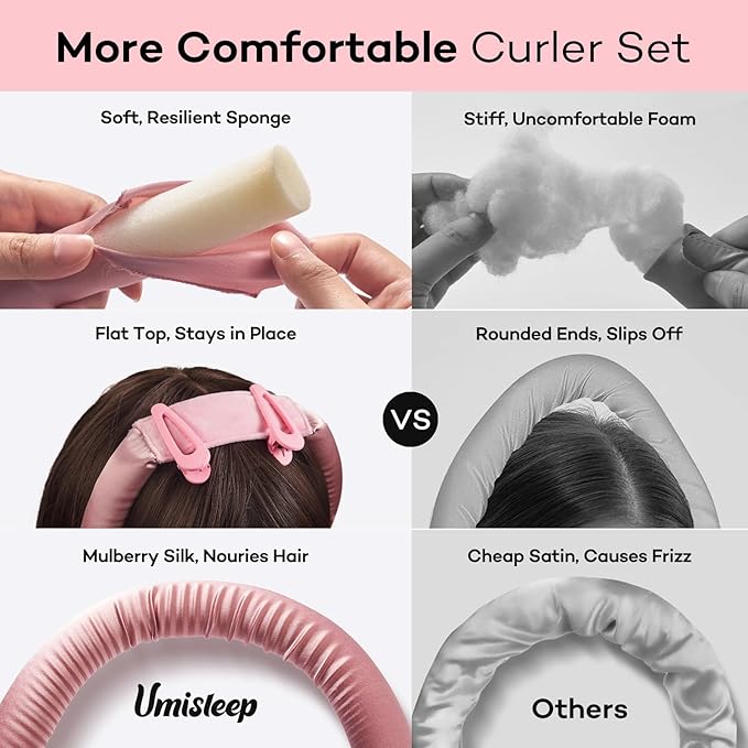 Umisleep 22 Momme 100% Mulberry Silk Heatless Hair Curler Set — Frizz-Free Hair Rollers for Women Long Hair, Overnight Heatless Curls, Upgraded Soft Flat Design with Clips & Scrunchies, Pink