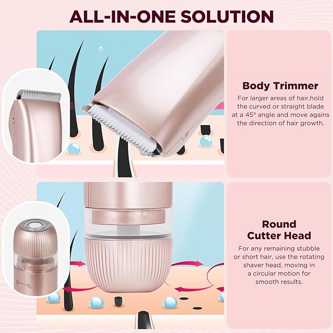 2 in 1 Women Electric Shaver, Dual Head Bikini Trimmer for Women IPX7 Waterproof Wet & Dry Use Electric Razors with Dual Heads Rechargeable Lady Trimmer for Bikini Underarm Leg Arm Body Face