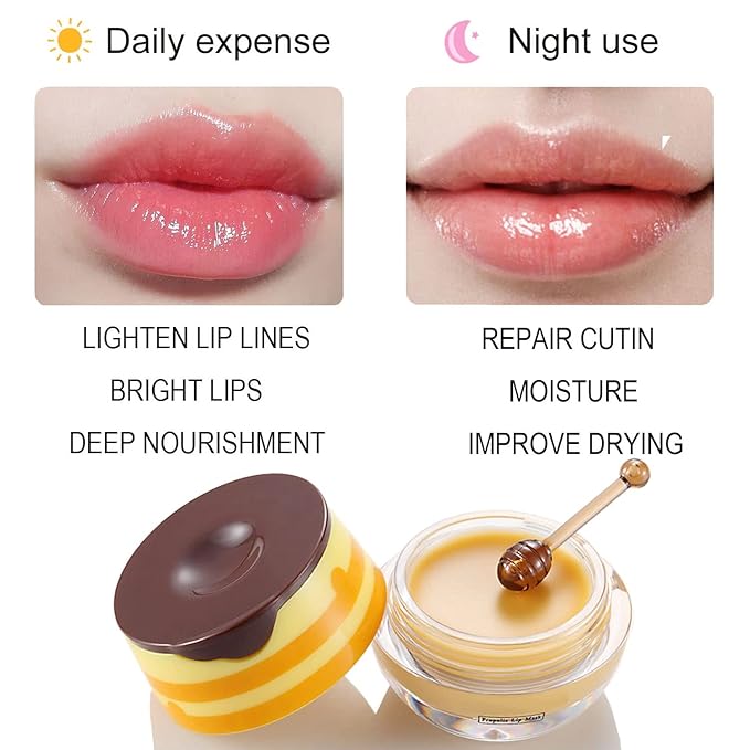 Bee Lip Balm Honey Pot, Strawberry & Honey Moisturizing Propolis Lip Mask, Hydrating & Prevention Dry and Cracked Lip Scrubs Exfoliator, Reduces Lip Lines (2Pcs Yellow)