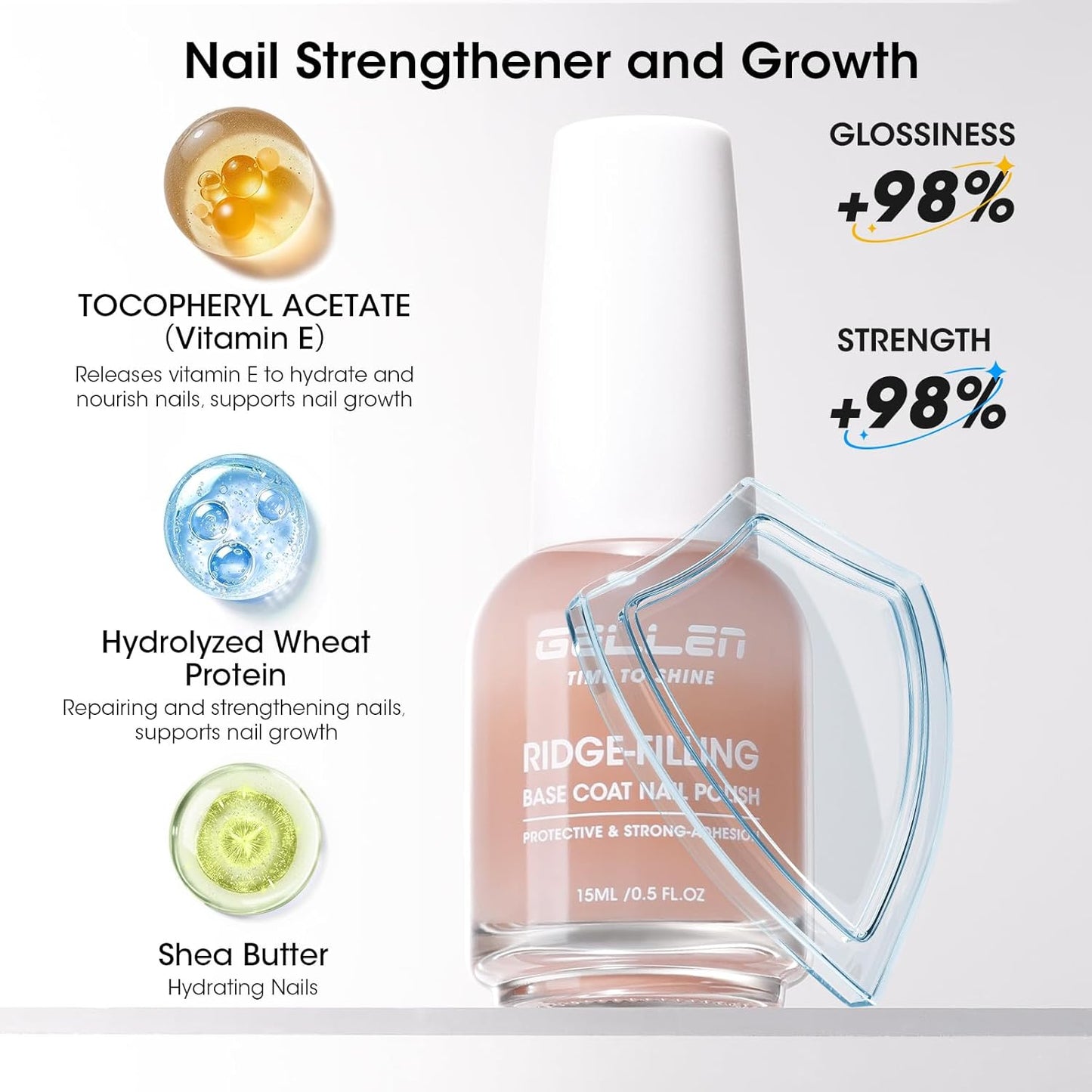 GELLEN Tinted Nude Ridge Filler For Nails, Clear Nail Polish Ridge Filling Base Coat, Nail Strengthener and Growth, Hydrates Strengthens Nourishes Damaged Dry Nails, Shea Butter & Vitamin E & Protein