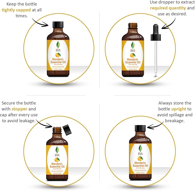 SVA Mandarin Essential Oil – 4 Fl Oz – 100% Natural Mandarin Oil - for Diffuser, Hair Care, Face, Skin Care, Aromatherapy, Scalp and Body Massage, Soap and Candle Making – with Dropper