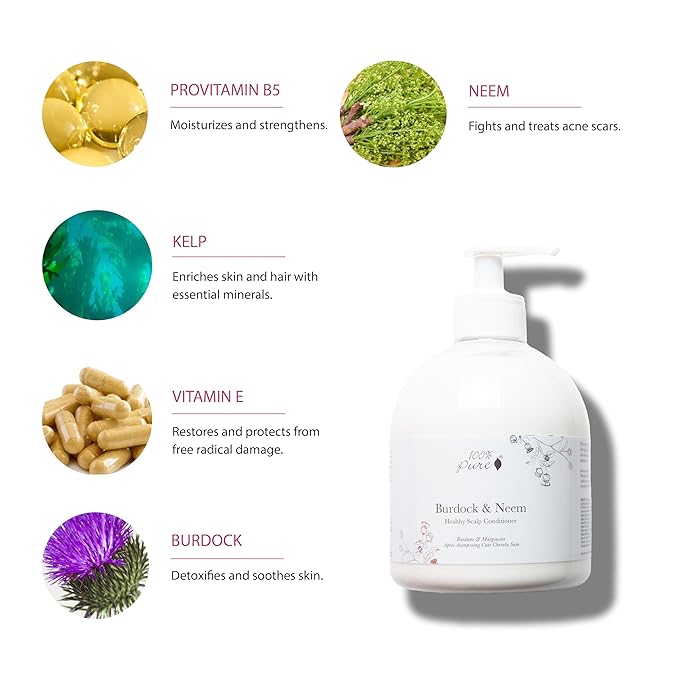 100% PURE Healthy Scalp Conditioner Purifying Burdock & Neem for Dry Damaged Hair Replenishing Itchy Flaky Scalp Hydration for Women & Men - 16 Fl Oz