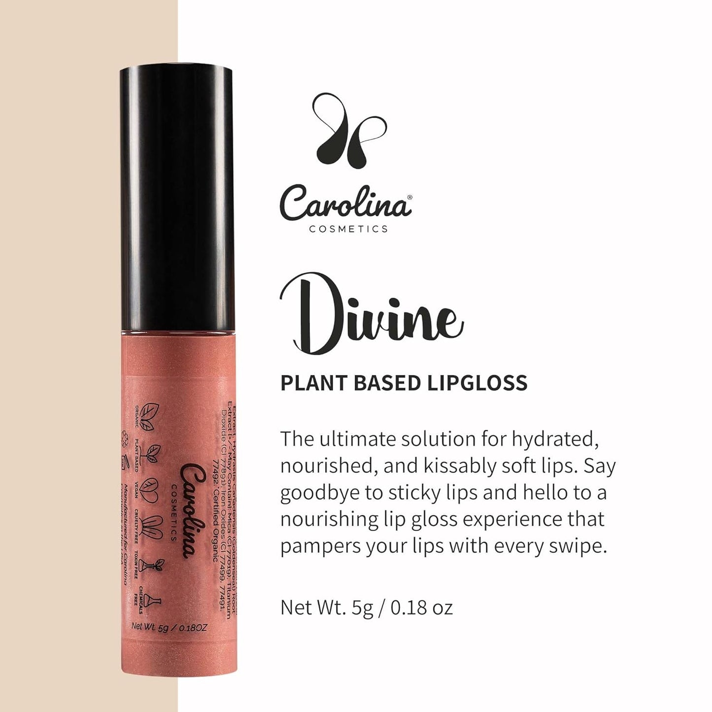 Non-Sticky Lip Gloss (Divine) - Plant-Based Hydrating & Nourishing with Sunflower Seed Oil, Cacao & Grape Seed Oil - 5g/0.18oz
