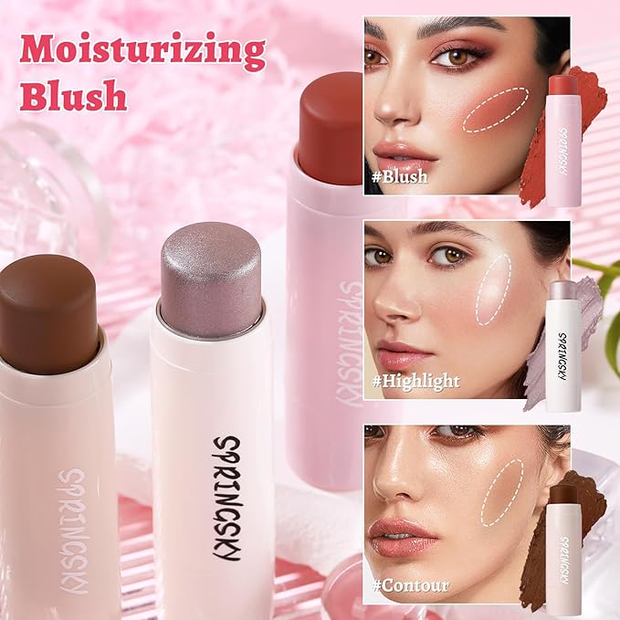 3Pcs Multi-Use Face Makeup Sticks Sets, Blendable Cream Blush Stick For Cheeks Lips, Highlighter Contour Shading Sticks Moisturizer Make Up Sets For Women (02)