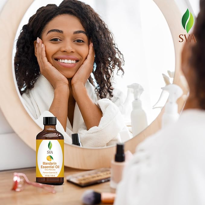 SVA Mandarin Essential Oil – 4 Fl Oz – 100% Natural Mandarin Oil - for Diffuser, Hair Care, Face, Skin Care, Aromatherapy, Scalp and Body Massage, Soap and Candle Making – with Dropper