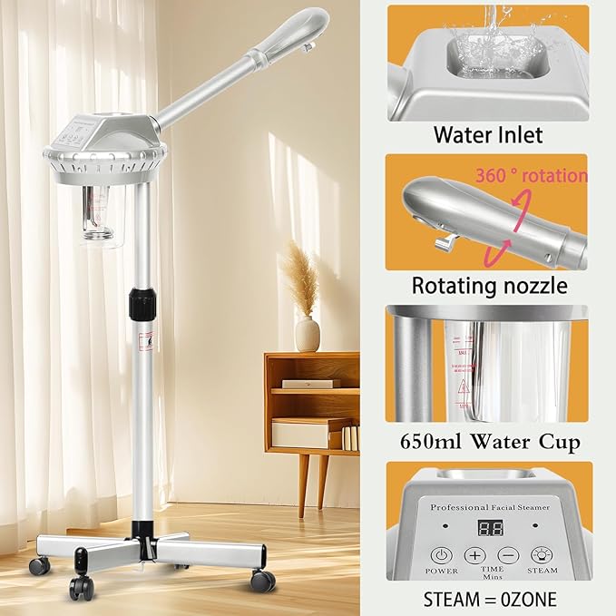 Facial Steamer Professional,Face Steamer for Estheticians with Hot Mist & Timer Function,Height Adjustable Vaporizador Facial Steamr on Wheels