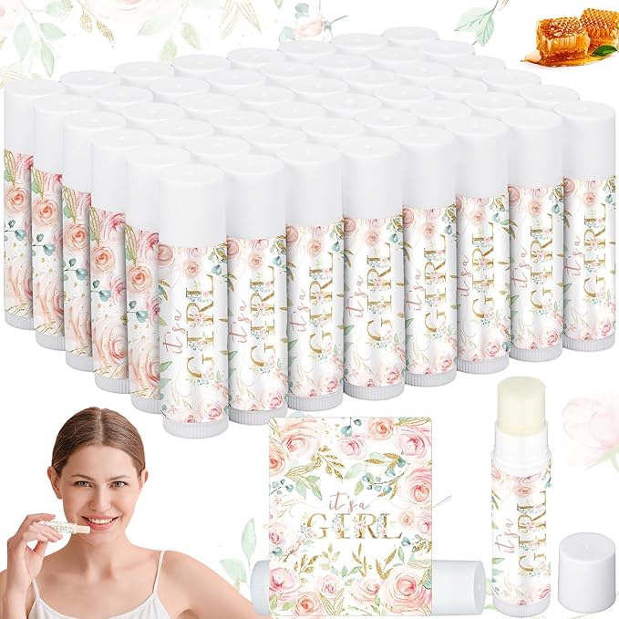 50 Pack Floral Baby Shower Lip Balm Party Supplies Bulk for Girls Guests It's a Girl Baby Shower Gifts Gender Reveal Favors Prizes Souvenirs Winners Thank You Appreciation Gifts