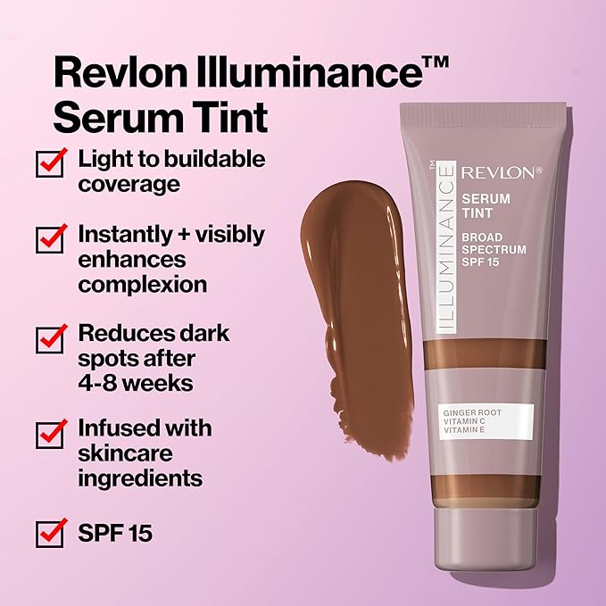 Revlon Illuminance Tinted Serum, Triple Hyaluronic Acid, Evens Out Skin Tone Over Time and Hydrates All Day, SPF 15, 405 Hazel, 0.94 fl oz.