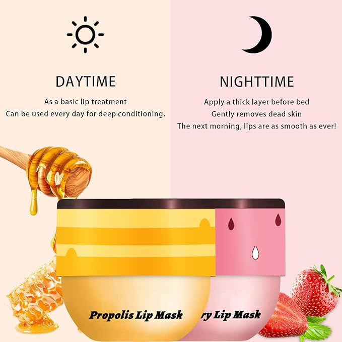 2 PCS Bee Lip Balm Honey Pot, Honey & Strawberry Lip Mask Overnight Propolis Moisturizing Lip Balm Hydrating Prevention Dry and Crack Lip Scrubs Exfoliator Lip Wrinkle Care (Honey&Strawberry)