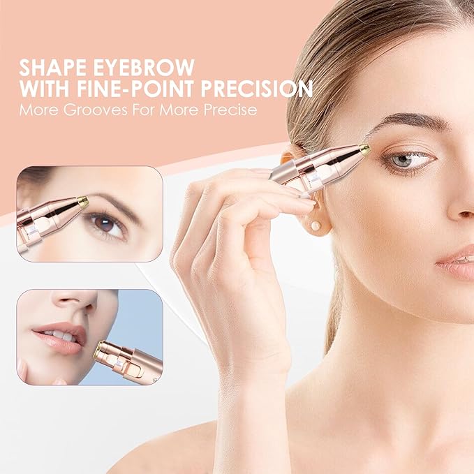 Eyebrow & Facial Trimmer: 2 in1 Rechargeable Facial Hair Removal & Eyebrow Shaver - Body Razor with Built-in LED Light (Rose Gold)