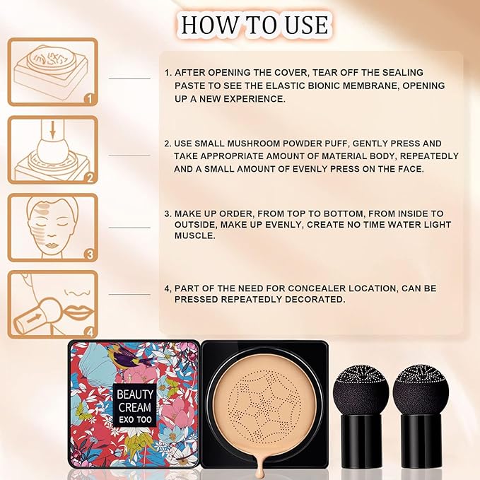 Beauty Cream EXO TOO Foundation, Beauty Cream Makeup Base, Moisturizing, Long Lasting Matte Air Cushion CC Cream Concealer with Two Mushroom Head Sponges