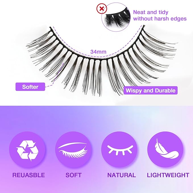 Wispy False Eyelashes Kit With Bond, Seal and Tweezer, 7 Pairs Natural Look Fake Cat Eye Lashes Strips Thin Band Extensions Waterproof Easy Eyelashes for Beginners DF1