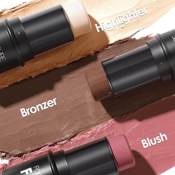 FOCALLURE 3 Pcs Cream Contour Sticks,Shades with Highlighter & Bronzer & Blush,Non-greasy Long-wear Face Contouring Pen,Easy to Sculpt the Face and Create a Lightweight Finishing Makeup,TAN