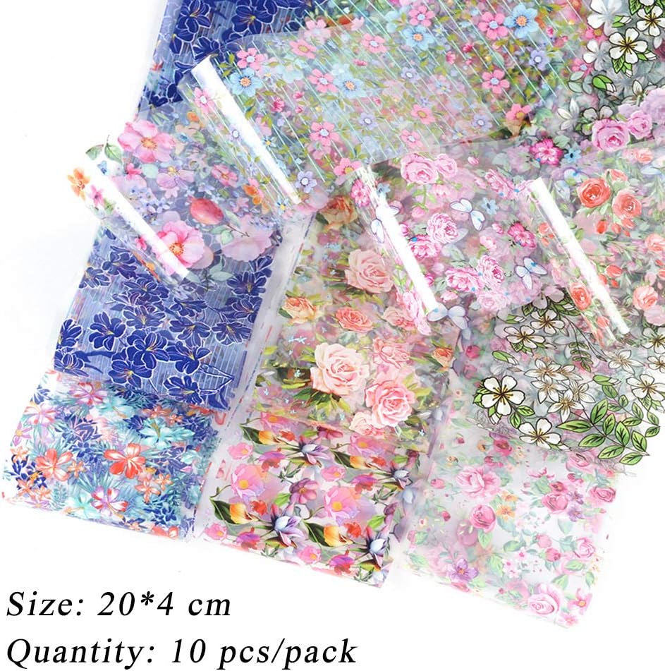 10 Sheets Flower Nail Transfer Foils Holographic Nail Foil Colorful Flower Stickers for Nails Decoration Starry Sky Manicure Transfer Tips Butterflies Nail Art DIY for Women Girls