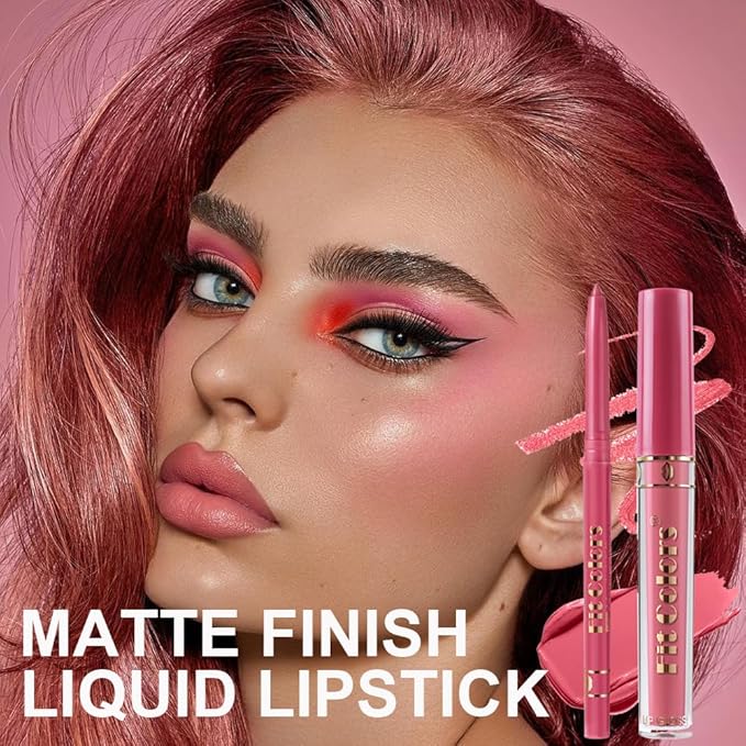 6 Colors Liquid Lipstick + Lip Liner Pen Makeup Set, Super Stay Matte Finish Lip Stain and Define Lip Liner Pencil Gift Set for Women, Longwear, Waterproof, 1PC Lip Glow Oil Include