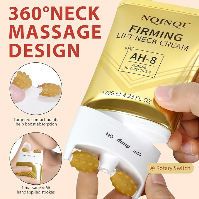 AH-8 Firming Neck Cream with Roller - Neck and Chest Firming Cream to Lift, Tighten & Smooth Sagging Skin, Reduce Wrinkles & Hydrate for Youthful Neck, 4.23 Fl Oz