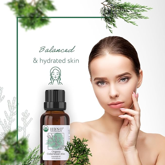 HBNO California Bottled Organic Cedarwood Essential Oil 1 fl oz (30ml) - USDA Certified Organic Cedarwood Essential Oil for Aromatherapy, Soap Making, DIY, Fragrances, Diffuser