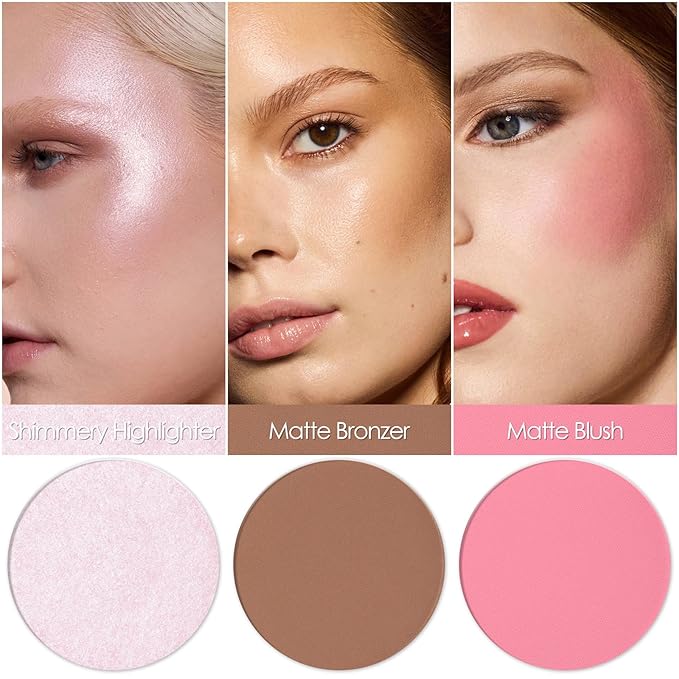 FOCALLURE Blush and Highlighter Palette,3 in 1 Contour Palette,Cruelty-Free Matte Bronzer Powder,Shimmer Illuminator Highlighters for a Glowing Look,#06