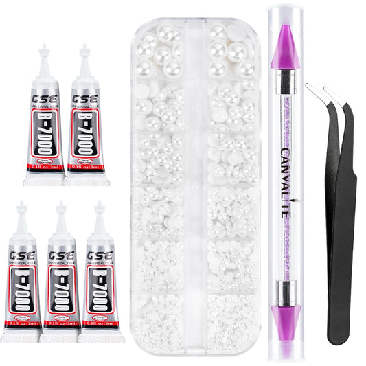 Canvalite Flatback Nail Pearls for Crafting, Multiple Sizes Half Pearls with 5Pcs B7000 Jewelry Glues & Picker Tools Bedazzling Bead for DIY Crafts Clothing Tumblers Shoes Decors Nail Art