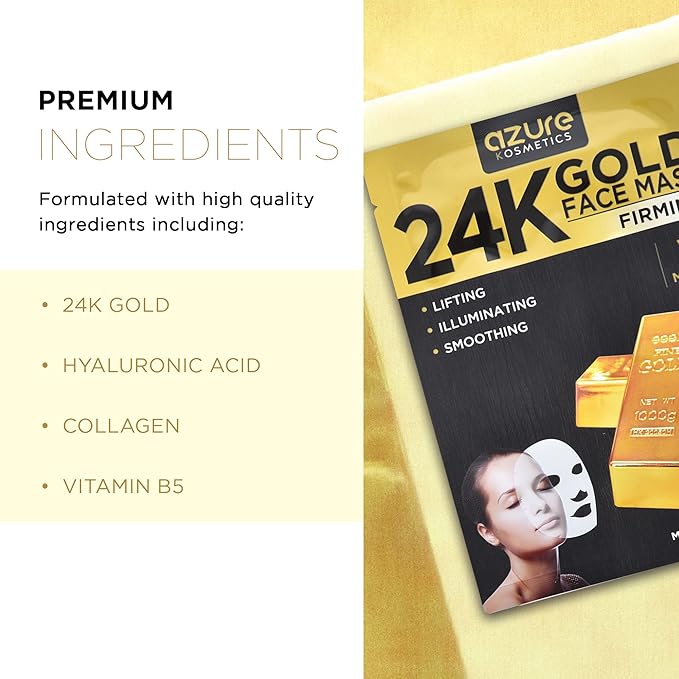 Azure Cosmetics 24K Gold Firming Face Mask- Anti Aging, Hydrating, Toning & Firming Facial Mask - Helps Reduce Wrinkles & Fine Lines with Hyaluronic Acid & Collagen - Made in Korea - Pack of 5