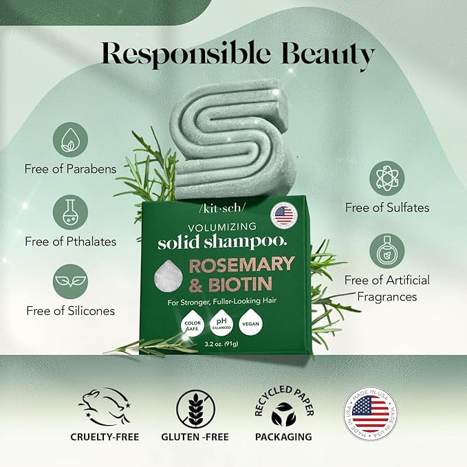 Kitsch Rosemary & Biotin Shampoo Bar - For Hair Growth, Strengthening, Thickening & Volumizing Shampoo for Women and Men - Free of Parabens, Sulfates & Silicones - Made in USA - 3.2 oz