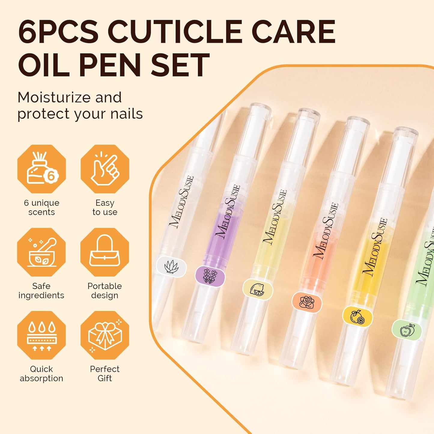 MelodySusie 6Pcs Cuticle Oil Pen Set,Nail Moisturizing Cuticle Oil Enriched with Vitamin E,Softens and Repairs Cuticles,Nail Strengthener,Protects Damaged Skin,Thin Nails,for Home and Salon Use