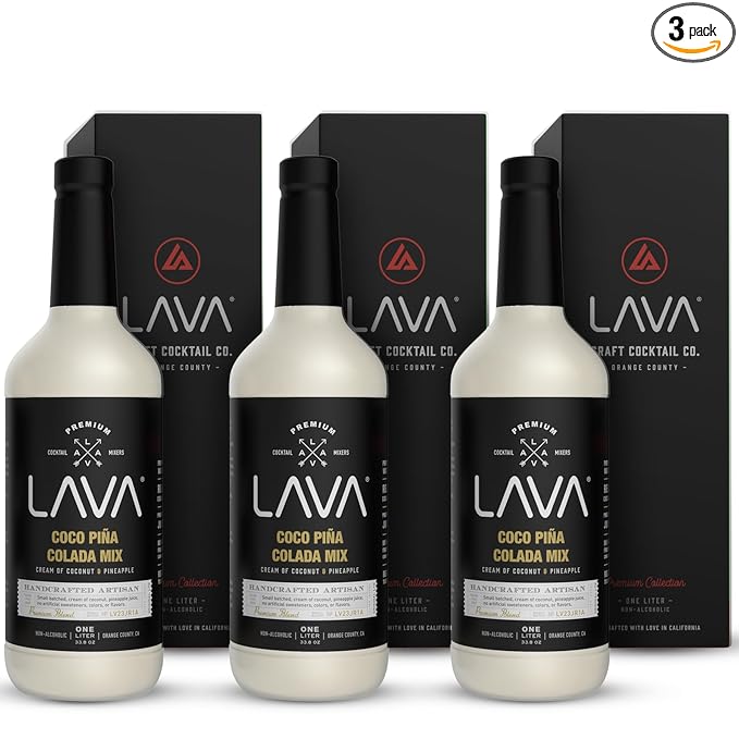 (3 Pack) LAVA Premium Coco Pina Colada Made with Cream of Coconut and Real Pineapple, No Artificial Sweeteners or Flavors, 1-Liter (33.8oz) Glass Bottle.