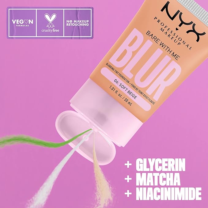NYX PROFESSIONAL MAKEUP Bare With Me Blur Skin Tint Foundation Make Up with Matcha, Glycerin & Niacinamide - Soft Beige