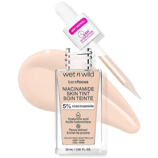 wet n wild Bare Focus Skin Tint, 5% Niacinamide Enriched,Buildable Sheer Lightweight Coverage,Natural Radiant Finish,Hyaluronic & Vitamin Hydration Boost,Cruelty-Free & Vegan-Fair Light Beige
