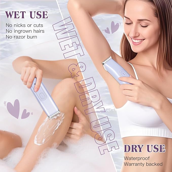 Bikini Trimmer Electric Razors for Women, 2-in-1 Dual-Head Cordless Body Hair Trimmer Facial Hair Removal for Face Lip Chin Pubic Underarm Legs, IPX6 Waterproof, Gifts for Women