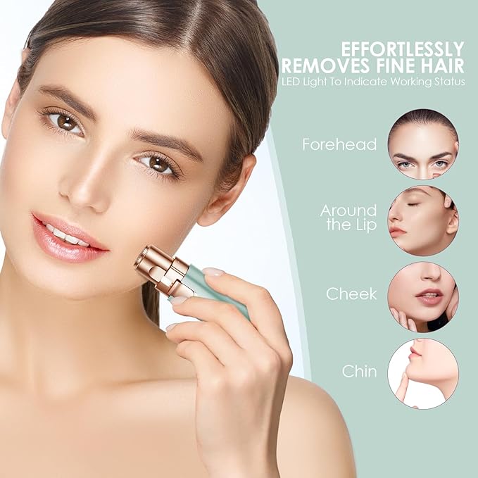 Eyebrow Facial Trimmer: 2 in1 Rechargeable Facial Hair Removal and Eyebrow Shaver - Face Lips Body Painless Facial Razor with Built-in LED Light (Pastel Green)