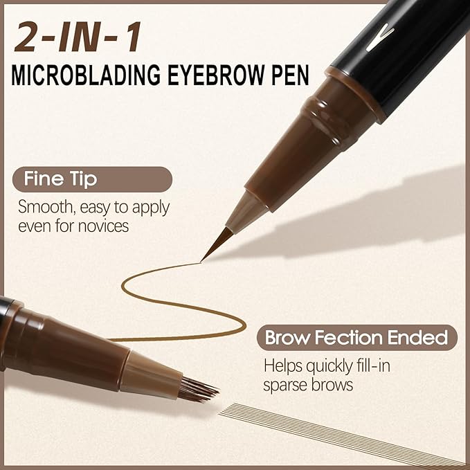 Boobeen 2pcs Waterproof Eyebrow Pen，Dual-Ended Eyeliner Microblading Eyebrow Pencil for Women，Long Lasting Hair-Like Brow Pen with Brow Brush，Dark Brown