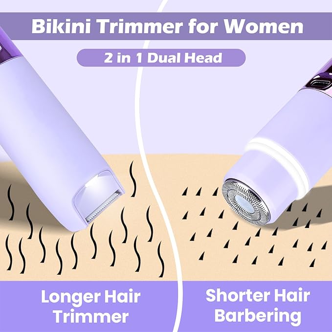Bikini Trimmer for Women, Glow Aura Womens Shaver, Quiet Dual Head Waterproof Cordless Rechargeable Painless Trimmer for Underarms, Legs, Body (Purple)