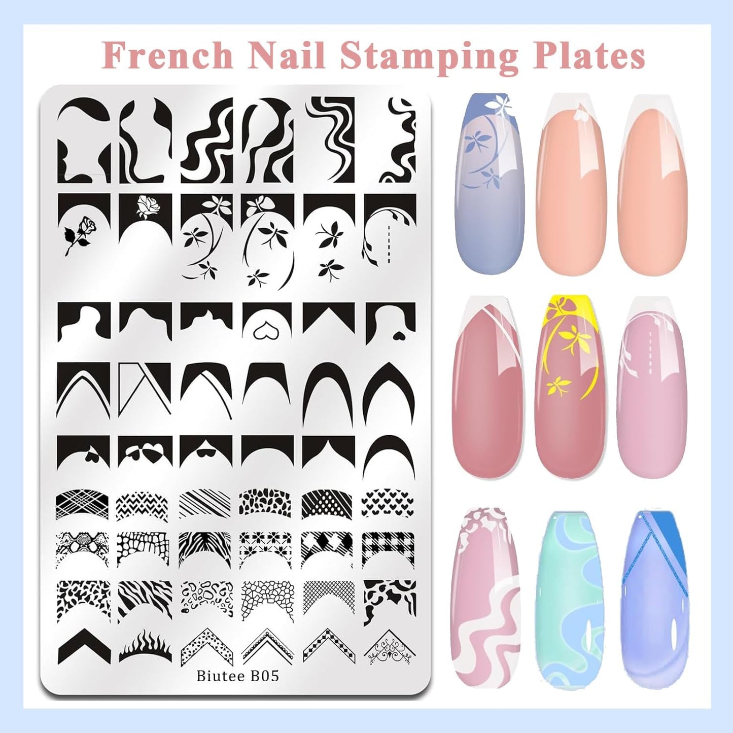 Biutee Nail Stamping Plates Set 2 PCS Large Plate 110 Patterns Nail Art Stamper Scraper Nail Stamp Template Kit French Line Lace Flower Design Masnicure Plates
