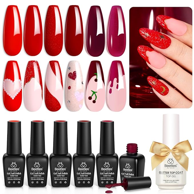 Beetles Red Gel Nail Polish Set with Top Coat, 6 Colors Popular Shimmer Red Burgundy Gel Polish Kit Nail Art Design Soak Off Uv LED Minicure DIY Home Gifts for Women