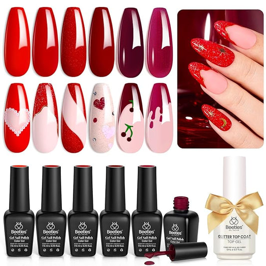Beetles Red Gel Nail Polish Set with Top Coat, 6 Colors Popular Shimmer Red Burgundy Gel Polish Kit Nail Art Design Soak Off Uv LED Minicure DIY Home Gifts for Women