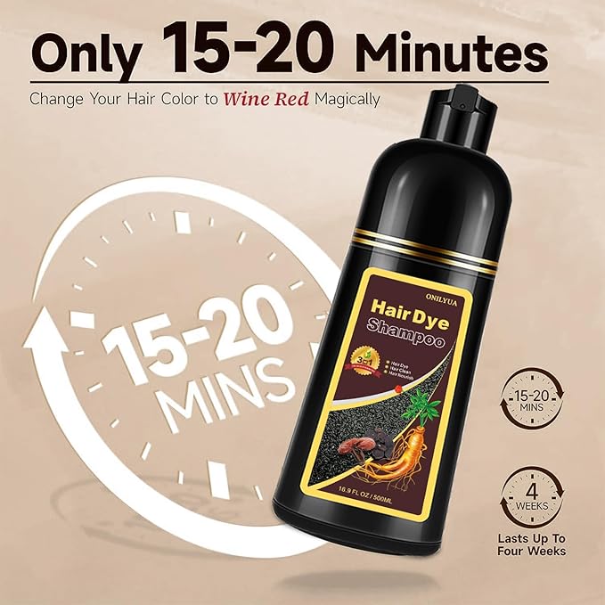 Burgundy Hair Dye Shampoo 3-IN-1,Gray Hair Coverage for Women & Men, Instant & Long-lasting Hair Color in Minutes, Pure Plant Extract Color Shampoo Hair Dye Kit for All Hair Types(Wine Red)