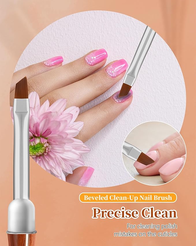 3PCS Nail Art Clean Up Brushes, Round/Angled/flat Acetone Resistant Gel Nail Polish Remover Brush, Nail Brushes for Tidying Up Polish Mishaps on Cuticles, and Nail Art Designs（Wood color）