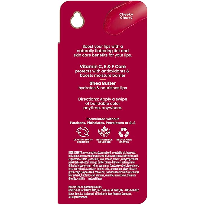 Burt’s Bees Back to School Gift Ideas, Tinted Boosted Balm, Cheeky Cherry, Hydrating Tinted Lip Balm with Vitamin C, E, and F Core, 24 Hour Lip Moisturizer, 100% Natural Origin, 1 Count, 0.16oz