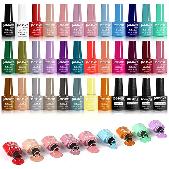 JODSONE 32 Colors Gel Nail Polish Set Same Color Same Bottle No Wipe Base Top Matte Glitter Coat Professional Choice