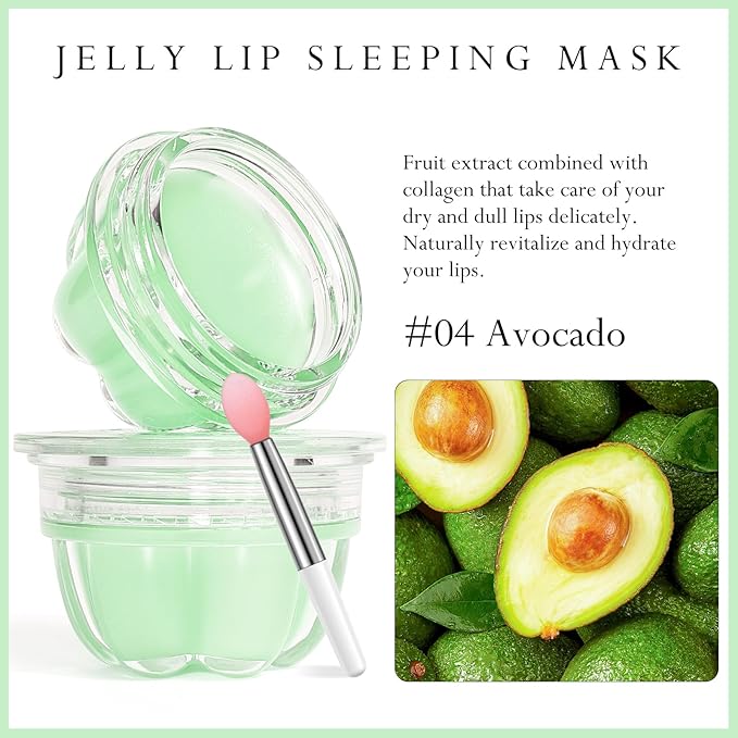 2Pc Jelly Lip Mask Overnight,Fruity Avocado Lip Sleeping Mask Day Night Repair Kawaii Lip Balm Hydrate Plump Dry Lip Scrubs Exfoliator,Lip Care Lip Moisturizer with Collagen-Avocado