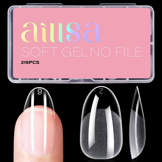 AILLSA Short Oval Nail Tips Full Cover Clear Gelly Nails Tip Half Matte Acrylic Tips Pre-Filed Fake Press on Nail Tips for Extension Home DIY Salon Manicure 216PCS 12 Sizes