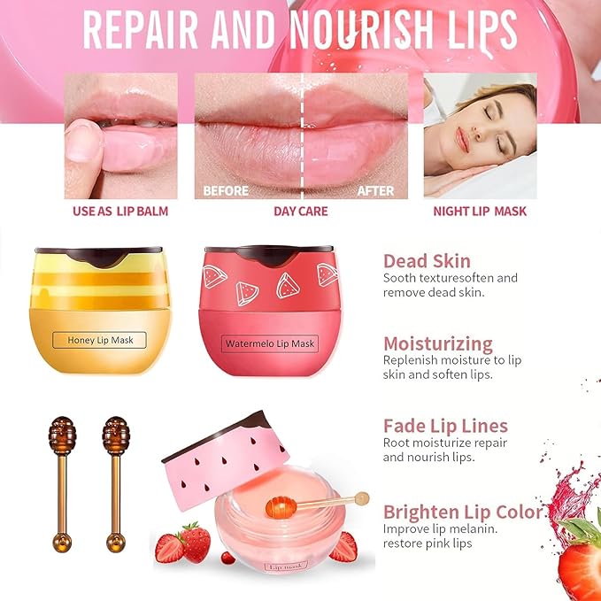 3 PCS Bee Lip Mask Honey Pot Lip Balm,Strawberry Watermelon Lip Mask Overnight Hydrating Dry and Crack Lip Scrubs Exfoliator Propolis Lip Sleeping Mask (Strawberry & Watermelon & Honey)