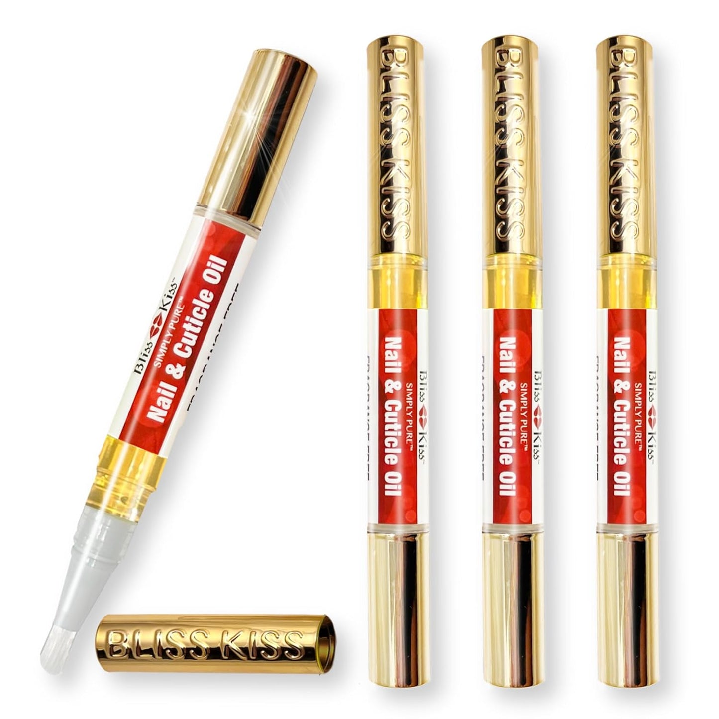 Bliss Kiss | Fragrance Free 4 Nail Oil Cuticle Pens w/Vitamin E & Jojoba⏤Nail Strengthener Nail Growth and Strengthening Serum for Brittle, Peeling, Breaking, Thin nails