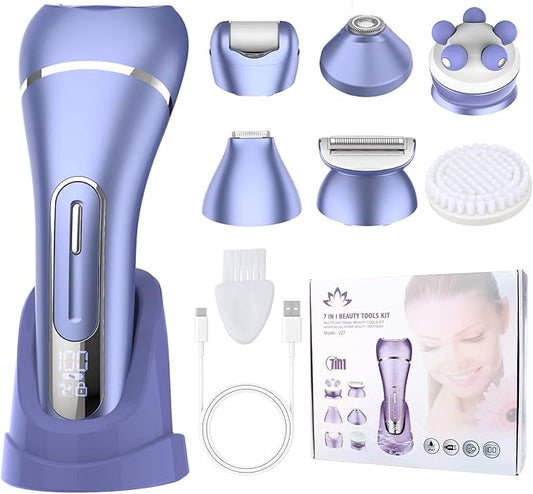 Epilator for Women, 7 in 1 Hair Removal for Women, Body Shaver, Bikini Trimmer, Face Razor, Facial Brush, Face Massage, Foot Callus Remover, IPX7 Waterproof Electric Shavers, Ideal Female Gift