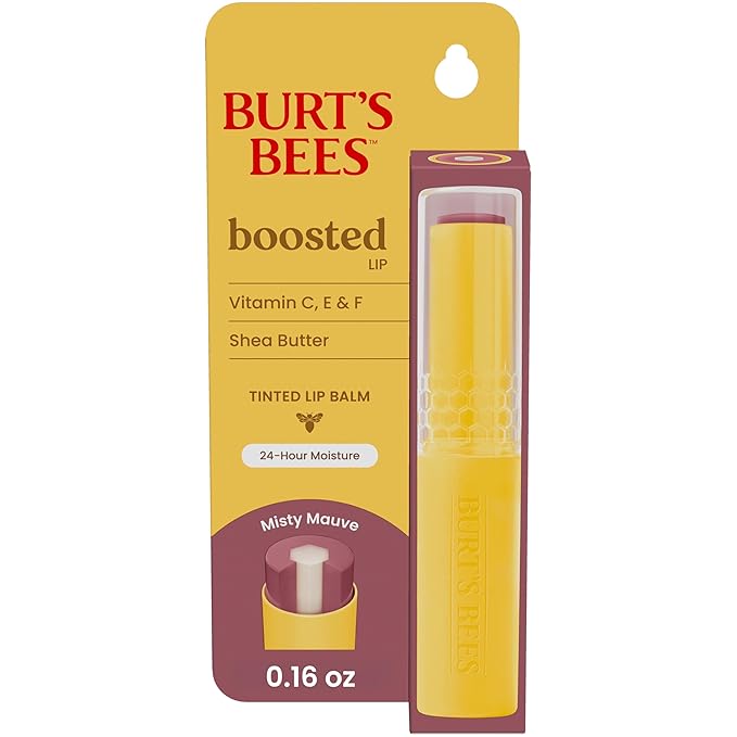 Burt’s Bees Back To School Gift Ideas, Tinted Boosted Balm, Misty Mauve, Hydrating Tinted Lip Balm with Vitamin C, E, and F Core, 24 Hour Lip Moisturizer, 100% Natural Origin, 1 Count, 0.16oz